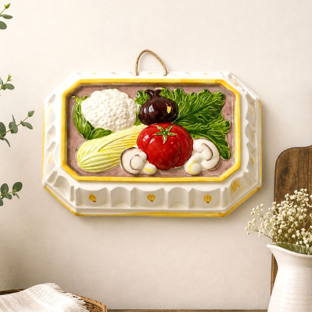 Vintage Hand Painted Ceramic Vegetable Kitchen Wall Plaque Farmhouse